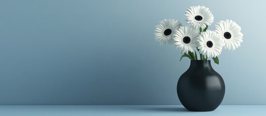 Poster - Vase with white gerbera daisies against a light blue background featuring ample Copy Space for text placement