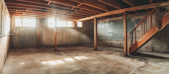Poster - Empty basement interior with natural light streaming through windows and wooden staircase on the right side. Copy Space available.