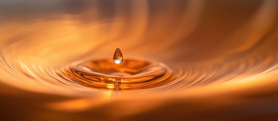 Poster - Macro shot of a single water droplet creating ripples in golden liquid with soft focus and gradient background Copy Space