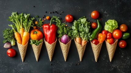 Poster - Colorful assortment of fresh vegetables arranged in ice cream cones on dark background Copy Space