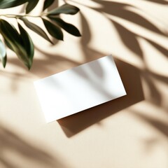 Poster - White Business Card Mockup with Natural Light and Shadow on Soft Beige Background Copy Space