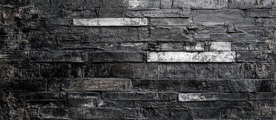 Poster - Black stone wall with varying gray and white rectangular tiles suitable for backgrounds and interior design projects Copy Space