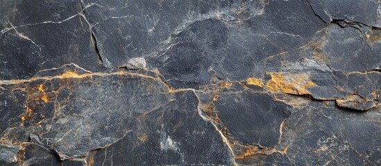 Poster - Textured dark stone surface with golden veins and cracks ideal for backgrounds and design applications Copy Space