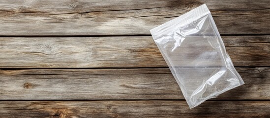 Poster - Transparent plastic bag on wooden surface with copy space for text or branding.