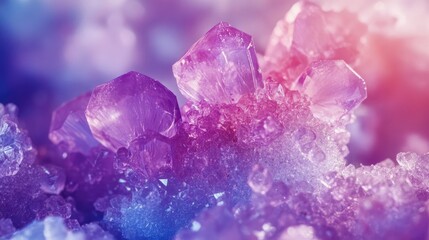 Poster - vibrant purple and blue crystals on a glittering surface with soft focus and light bokeh background 