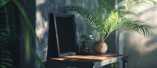 Poster - Modern interior with empty frame on wooden table, potted plant, and vase against textured wall, with natural light, Copy Space.