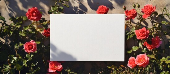Poster - White Canvas Surrounded by Colorful Red Roses with Green Foliage Copy Space