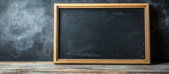 Poster - Wooden framed chalkboard on a rustic wooden table with textured gray background and ample copy space for text.