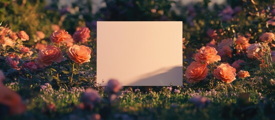 Poster - Blank canvas surrounded by colorful flowers in a natural setting with Copy Space for text or design elements.