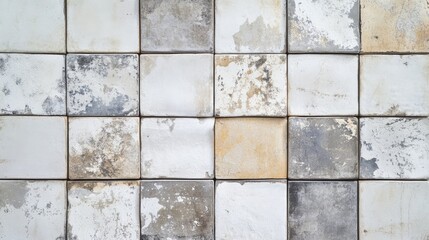 Poster - Textured gray and white square ceramic tiles with imperfections and stains arranged in a grid pattern Copy Space