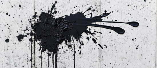 Poster - Black paint splatter on a textured concrete wall with dripping streams and copy space for text.