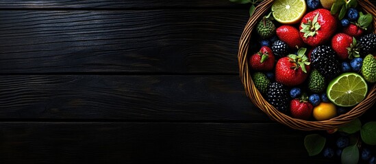 Poster - Fresh assortment of red and green fruits berries and limes in a rustic wicker basket on a dark wooden background with Copy Space