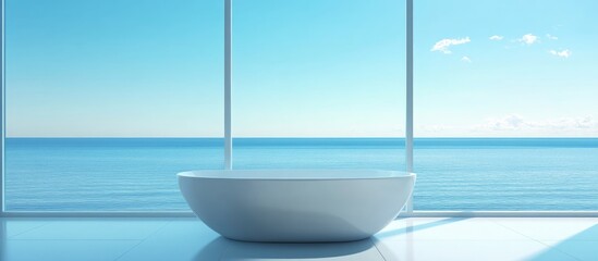 Poster - Modern bathroom with a freestanding bathtub and a scenic ocean view through large windows Copy Space