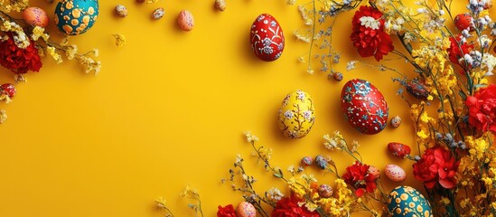 Poster - Colorful decorated Easter eggs with flowers on bright yellow background Copy Space