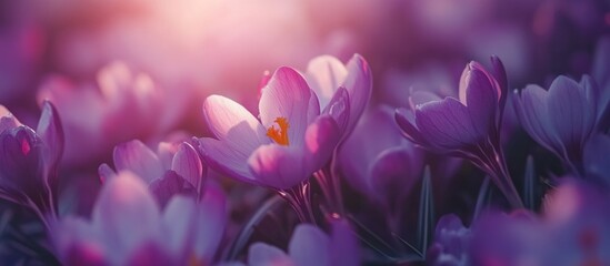 Poster - Vibrant purple crocus flowers in bloom with soft sunlight filtering through petals and Copy Space for text placement