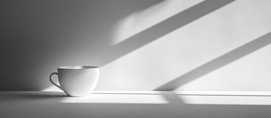Poster - Minimalist white cup with shadows on a light gray background and ample Copy Space for text or branding.