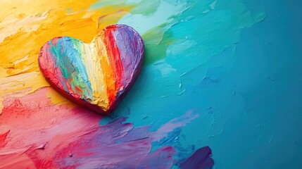 Poster - Colorful heart shape on vibrant paint background with blue and rainbow hues and ample copy space for text insertion