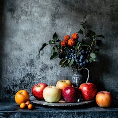 Poster - Still life arrangement of fresh apples, oranges, and berries with a decorative vase on a dark textured background featuring copy space.