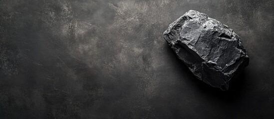 Poster - Dark textured surface with a flat stone positioned on the side showcasing Copy Space for text placement.