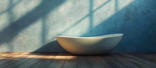 Poster - Modern freestanding bathtub on wooden floor with blue textured wall and soft shadows Copy Space