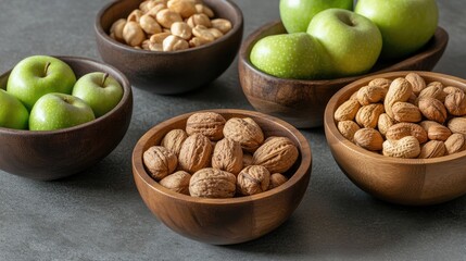 Poster - Nuts and green apples arranged in wooden bowls on a textured surface with copy space for text