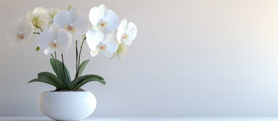 Poster - White orchids in a modern white vase on a minimalist surface with light background and ample copy space for text.