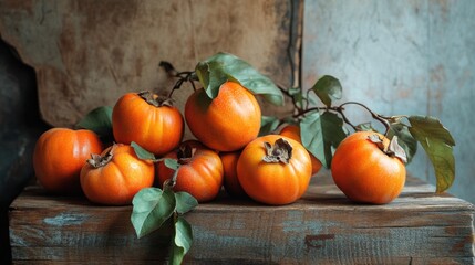 Poster - Fresh ripe persimmons arranged on a rustic wooden surface with green leaves and textured background Copy Space