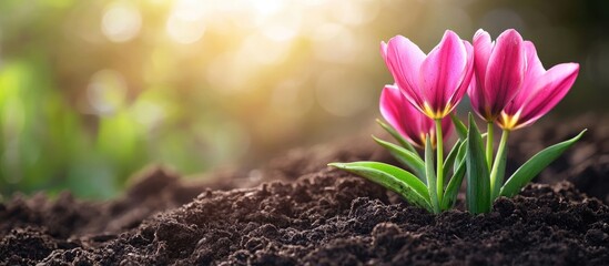 Poster - Pink tulips blossoming from dark soil with bright natural light in the background and soft focus Copy Space available