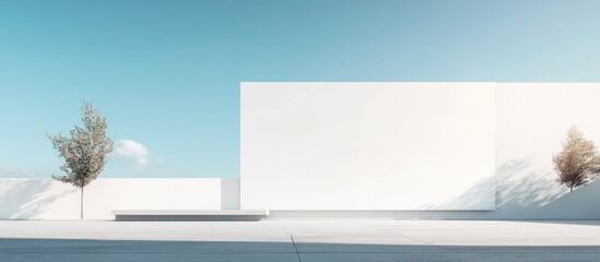 Poster - Minimalistic architectural design with white walls, clear blue sky, and sparse trees creating an open space with Copy Space.