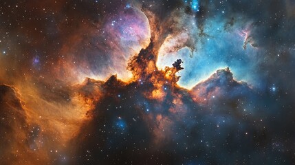 Poster - Colorful nebula with vibrant clouds of gas and dust against a backdrop of stars in deep space with Copy Space for text placement.
