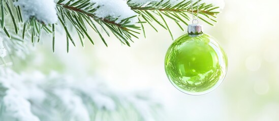 Poster - green christmas ornament hanging on snow-covered pine branch with soft natural background and copy s