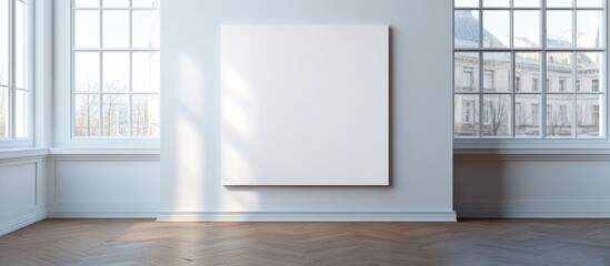 Poster - Empty modern gallery space with large white canvas on wall illuminated by natural light from windows and wooden floor with copy space