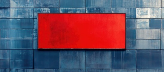 Poster - Red rectangular sign on textured blue wall with copy space for text placement.