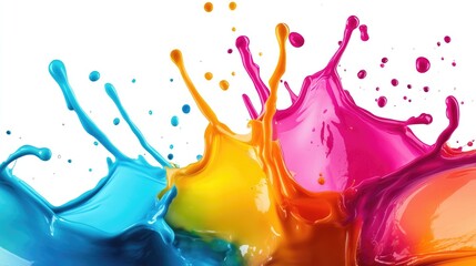 Poster - Colorful splashes of paint in vivid primary and secondary hues with white background and ample copy space for text insertion
