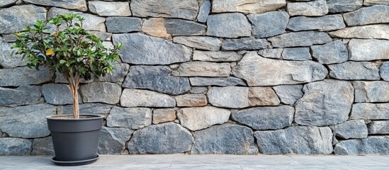 Poster - Potted plant against textured stone wall with copy space for text placement