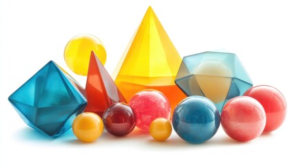 Poster - Colorful geometric shapes including spheres, pyramids, cubes and polyhedra on a white background with Copy Space for text placement