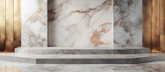 Poster - Marble pedestal with golden and beige backdrop in a modern interior setting featuring copy space for text.