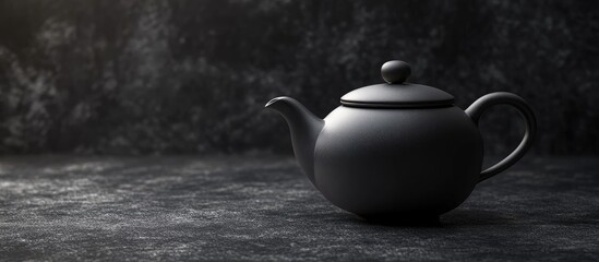 Poster - Black ceramic teapot on a dark textured surface with soft lighting and copy space for text