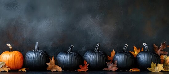 Poster - Black and orange pumpkins with autumn leaves on dark background Copy Space