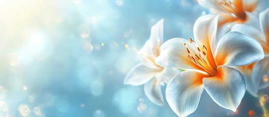 Poster - White lilies with orange centers on a soft blue background with bokeh effect and copy space for text.