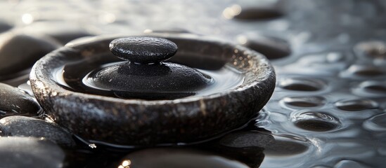 Poster - Smooth black stones in water with reflection and copy space for text. Natural spa or relaxation concept. Close-up of zen stones.