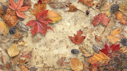 Poster - Autumn leaves and pine cones on textured background with copy space for seasonal designs and greetings