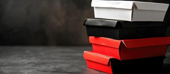 Poster - Stacked colorful boxes on dark concrete background with copy space for text.