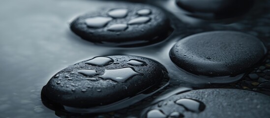 Poster - Smooth black stones on wet surface with water droplets reflections Copy Space