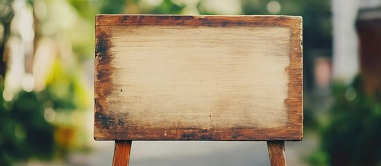 Poster - Blank wooden signboard on a rustic easel with natural blurred background and Copy Space for text insertion