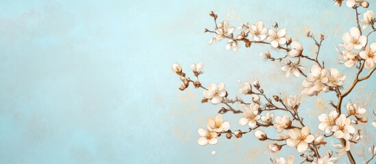 Poster - Delicate cherry blossom branches on a soft blue background with copy space for text placement.