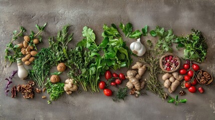Poster - Assorted fresh vegetables herbs nuts and garlic arranged on a concrete background with Copy Space for text placement
