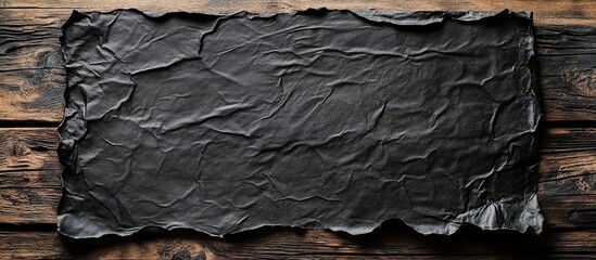 Poster - Textured black crumpled paper on rustic wooden background with Copy Space for design elements or text.