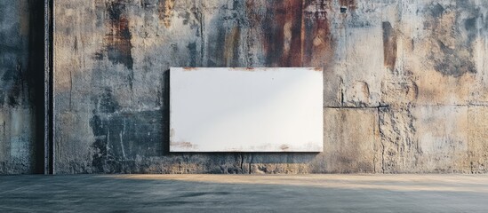 Poster - Blank white canvas mounted on a textured concrete wall with rust stains and dirt, ample Copy Space for text placement.