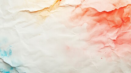 Poster - Textured crumpled paper background with colorful watercolor stains in red, orange, and blue hues providing ample copy space for design purposes